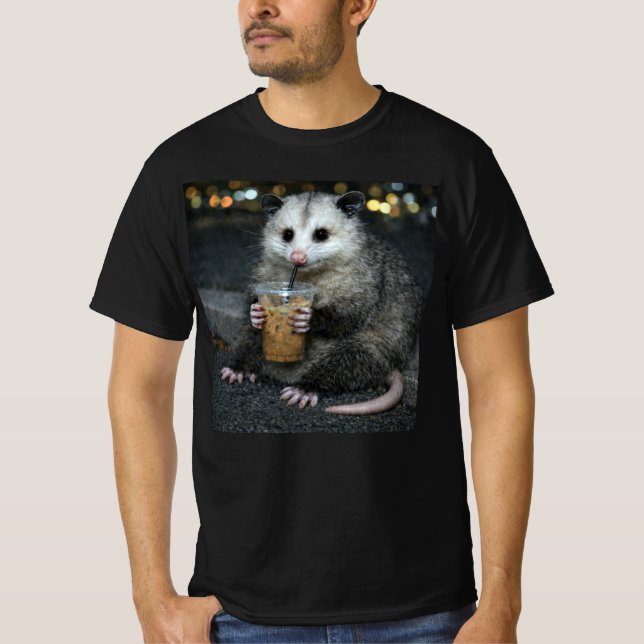 Funny opossum Drinking Iced Coffee Cute Animal T-Shirt (Front)