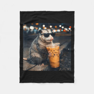Funny opossum drinking iced coffee meme  fleece blanket