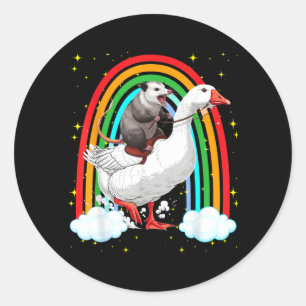 Funny Opossum Riding Goose Rainbow Chaotic Trash Classic Round Sticker