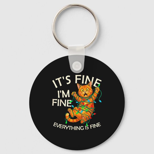 Funny Orange Cat Christmas Light It's Fine I'm Fin Key Ring (Front)