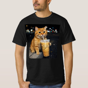 Funny Orange Cat Drinking Iced Coffee , cat Meme T-Shirt