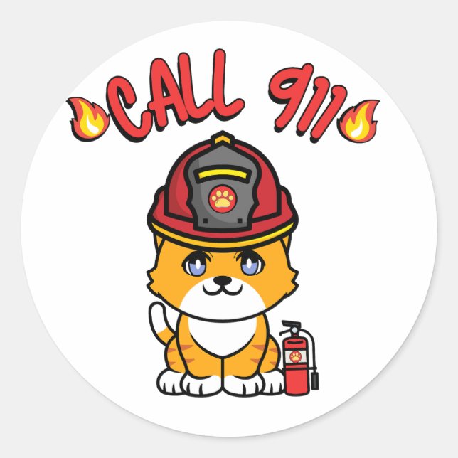 Funny orange cat is a firefighter  classic round sticker (Front)