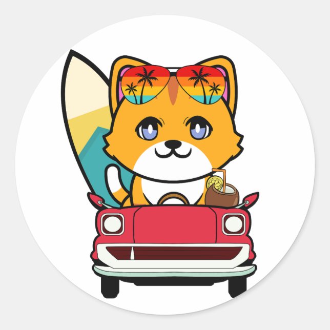Funny orange cat is driving to the beach classic round sticker (Front)