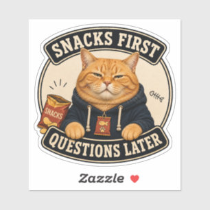 Funny Orange Cat Vinyl Sticker Snacks First Ques