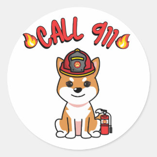 Funny orange dog is a firefighter  classic round sticker