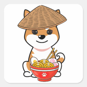 Funny orange dog is eating noodles square sticker