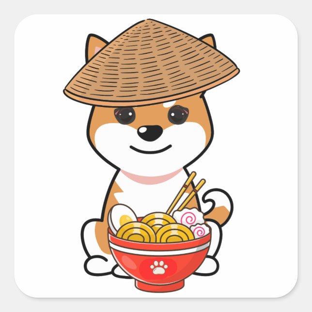 Funny orange dog is eating noodles square sticker (Front)
