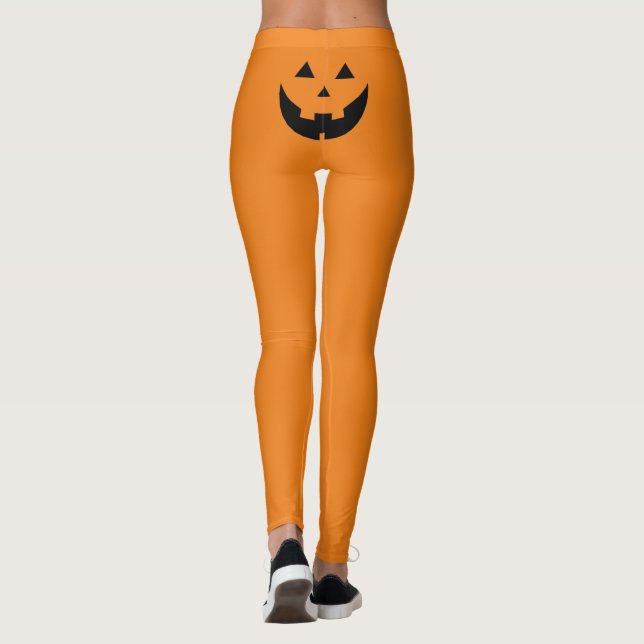 Funny orange Jack o lantern pumpkin face Halloween Leggings (Back)