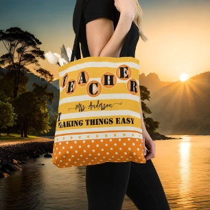 Funny Orange Stripes Polka Dots Teacher Tote Bag