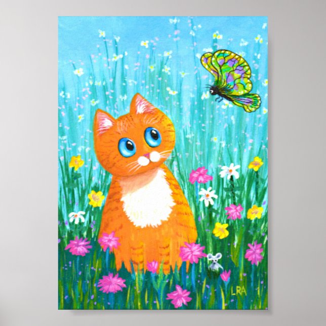 Funny Orange Tabby Cat Butterfly Creationarts Poster (Front)