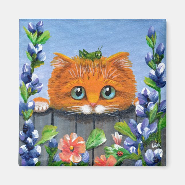 Funny Orange Tabby Cat Flowers Creationarts Magnet (Front)