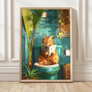 Funny Orange Tabby Cat on Toilet Print, Bathroom  Poster