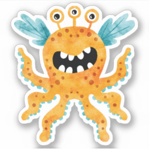 Funny Orange Three Eyed Monster with Tentacles