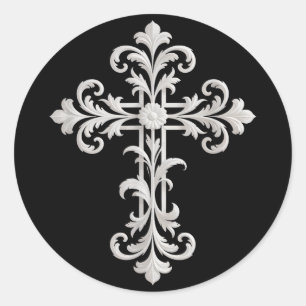 Funny ornate floral cross baroque religious women classic round sticker