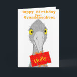 Funny Ostrich, Granddaughter, add name, Birthday Card<br><div class="desc">A drawing of a cute and funny ostrict holding a gift with recipients name on it. Fully customisable birthday card. Versions for son,  daughter,  granddaughter,  Grandson,  or change the text.</div>