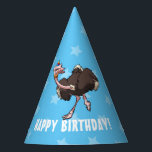 Funny Ostrich Happy Birthday Dancing Party Cartoon Party Hat<br><div class="desc">A funny ostrich on a paper hat for a birthday party. Use "Personalise this template" to change the "HAPPY BIRTHDAY!" text and create a unique, customised party accessory. Paper hats for a celebration, featuring a shaggy ostrich having a birthday boogie, complete with rainbow striped party hat and polka dotted blower....</div>