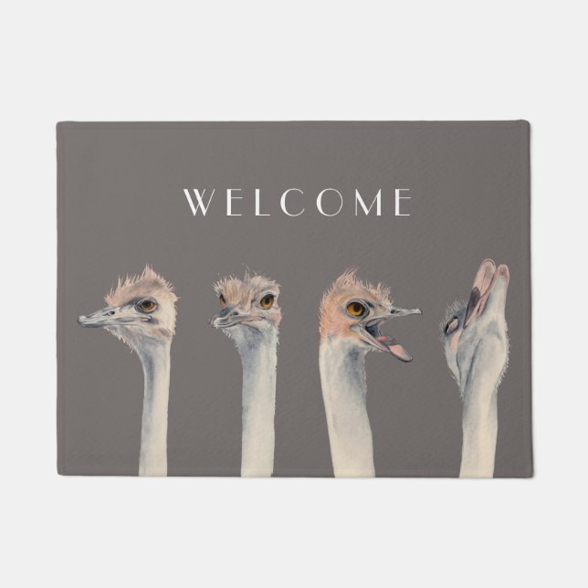 Funny Ostriches Watercolor | Welcome Doormat (Front)