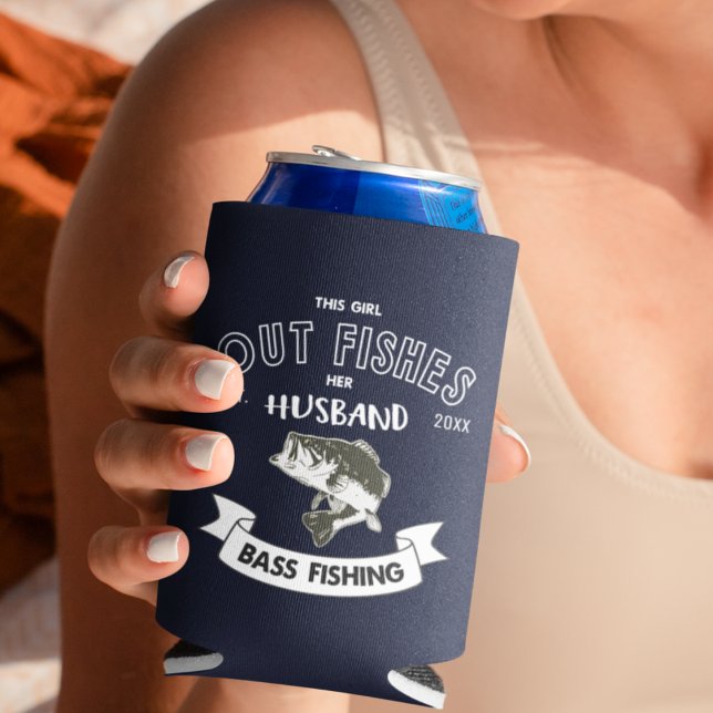 Funny Out Fish Husband Wife Bass Fishing Mug Can Cooler (Funny wife out fishing her husband. Largemouth bass. )
