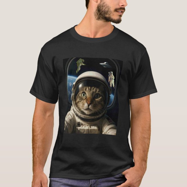 Funny Outer Space Cat with UFO and Astronauts Meme T-Shirt (Front)