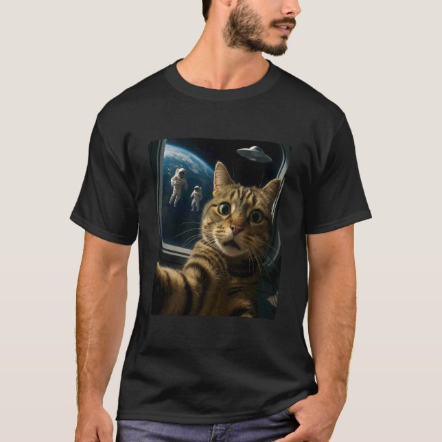 Funny Outer Space Cat with UFO and Astronauts Meme T-Shirt (Front)