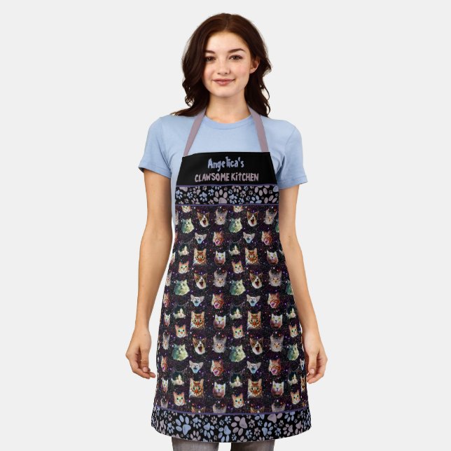 Funny Outer Space Galaxy Cats and Paw Print Custom Apron (Worn)
