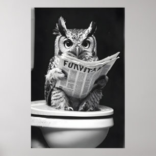 Funny Owl Bathroom Print, Newspaper Toilet Humor Poster