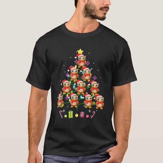 Funny Owl Christmas Tree Colour Led Light T-Shirt (Front)