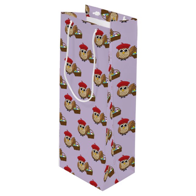 Funny Owl Easter Egg Hunt Pattern Wine Gift Bag (Front Angled)