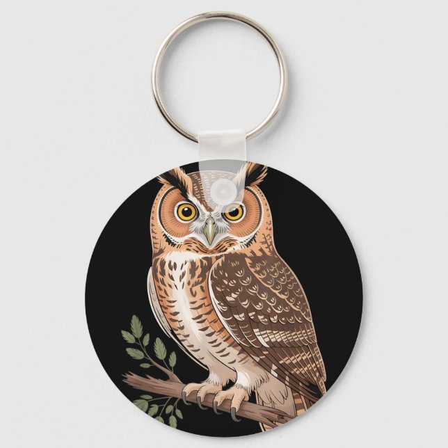 Funny owl realistic bird illustration perchedFunny Key Ring (Front)