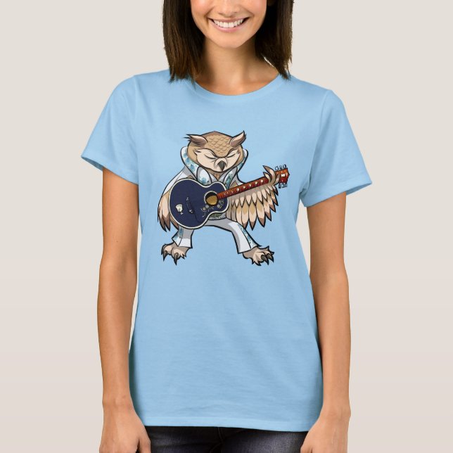 Funny Owl Rock And Roll Singer & Guitarist Cartoon T-Shirt (Front)