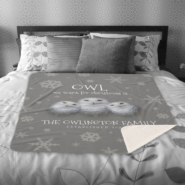 Funny Owl We Want for Christmas ... Snowy Owls Sherpa Blanket (Funny Owl We Want for Christmas Snowy Owls Family Sherpa Fleece Blanket Cover Photo.)