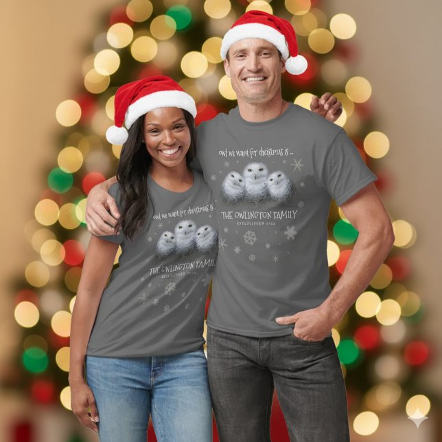 Funny Owl We Want for Christmas ... Snowy Owls T-Shirt (Trio of Snowy Owls Couple's T-Shirts Cover Photo)