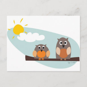 Funny owls on branch on sunny day postcard