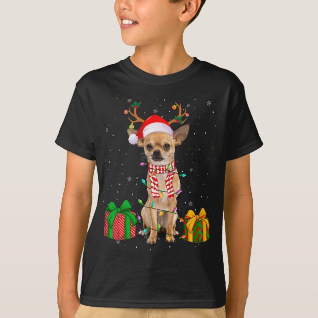 Funny Pajama Santa Hat Chihuahua Christmas Lights T-Shirt (Front)