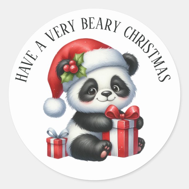 Funny panda bear Christmas greeting  Classic Round Sticker (Front)