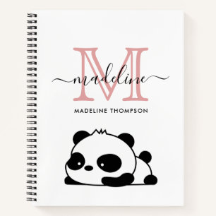 Funny Panda Blush Pink Black White Monogram Script Notebook