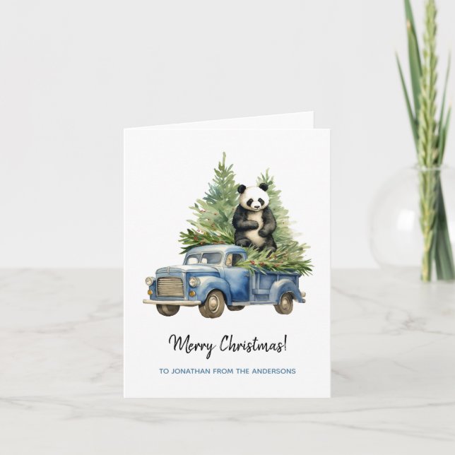 Funny Panda in Blue Vintage Van Xmas Card (Front)