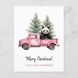 Funny Panda in Pink Vintage Lorry Christmas Holiday Postcard