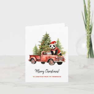 Funny Panda in Red Retro Van Xmas Card