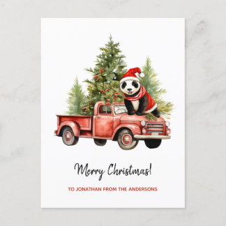 Funny Panda in Red Retro Van Xmas Holiday Postcard