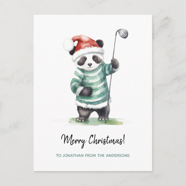 Funny Panda playing golf Christmas  Holiday Postcard (Front)
