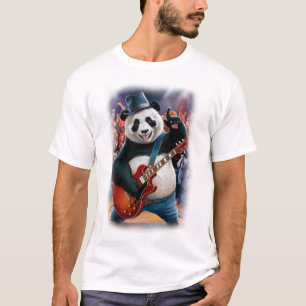 Funny Panda plays Rock and Roll on a Dark Blue T-Shirt