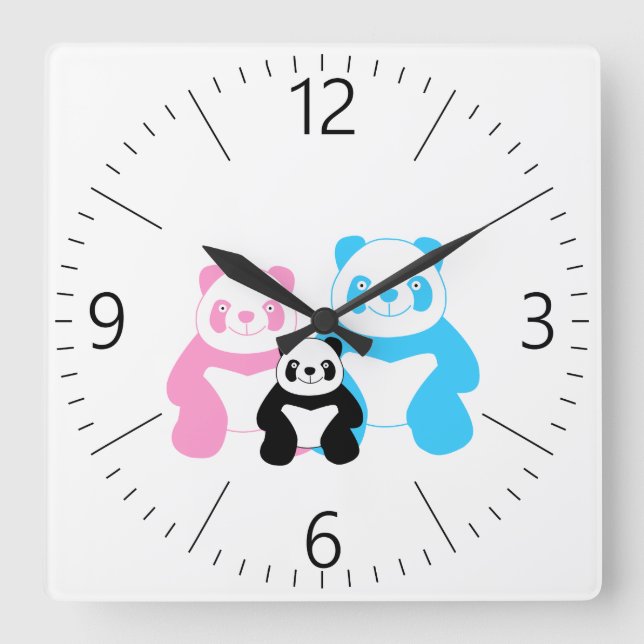 Funny panda’s family square wall clock (Front)