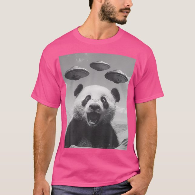 Funny Panda Selfie With Ufos Weird Panda T-Shirt (Front)