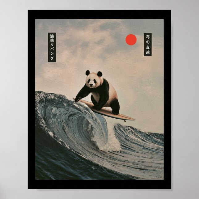 Funny Panda Surfing Saying Japanese Wave Meme Humo Poster (Front)