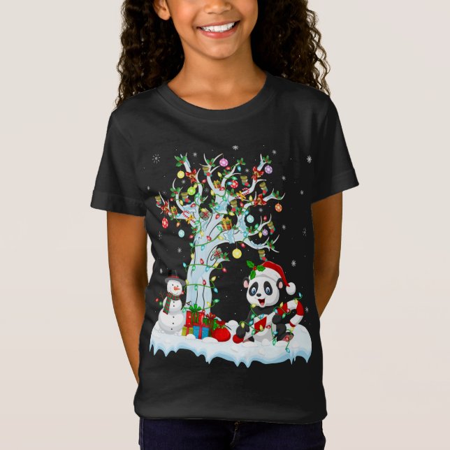 Funny Panda Xmas Tree Lighting Santa Hat Panda Chr T-Shirt (Front)