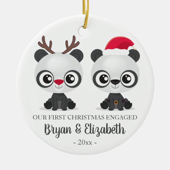 Funny Pandas first Christmas engaged custom photo Ceramic Tree Decoration (Front)