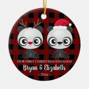 Funny Pandas first Christmas engaged red plaid Ceramic Tree Decoration