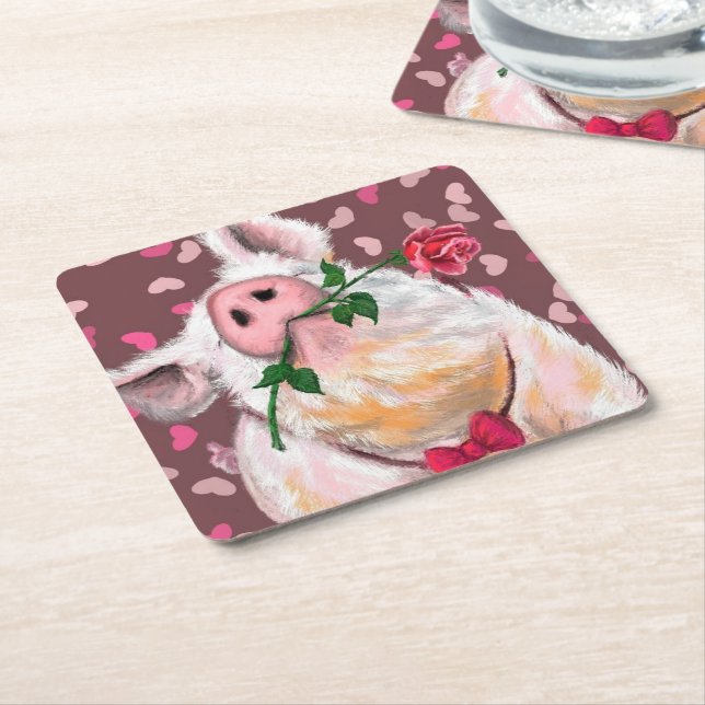 Funny Paper Coaster Gentleman Pig with Rose (Angled)