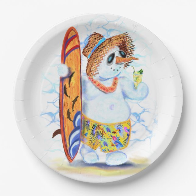 Funny Paper Plates Summer Party Snowman Surfer (Front)